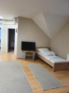 Habitación con 2 camas y TV de pantalla plana. en Bella Apartman, en Szeged