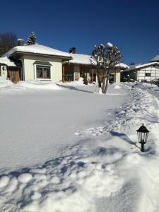 ein schneebedecktes Haus mit einem Straßenlicht davor in der Unterkunft Ferienwohnung Rita in Bad Mitterndorf