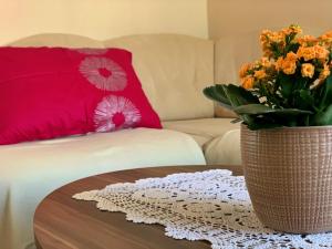 a vase of flowers sitting on a table next to a couch at Apartments Nevenka K. in Čižići