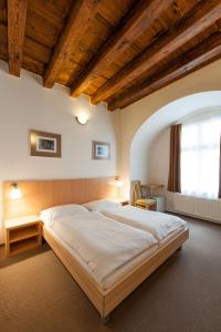 a bedroom with a large bed and a window at Hotel v Centru in České Budějovice