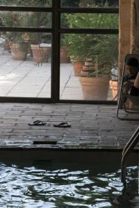 una persona sentada en una silla junto a una piscina en Ancienne Abbaye de Franquevaux Lou Pitchoun, en Franquevaux
