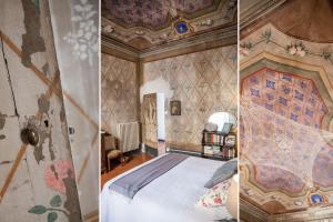 two pictures of a bedroom with a bed and a door at La Casa del Cavaliere in Borgomaro