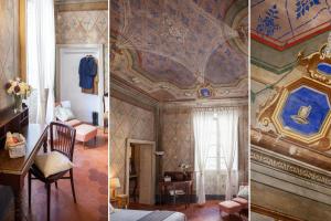 twee foto's van een kamer met een plafond met schilderijen bij La Casa del Cavaliere in Borgomaro