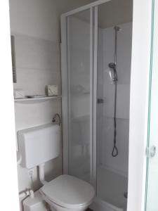 a white bathroom with a toilet and a shower at Gasthof Steiner in Mühlen