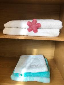 two towels on a shelf with a flower on it at Appartamento Monterosso 81 in Monterosso al Mare