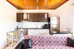Mema's great view Kefalonia في سفوروناتا: غرفة معيشة مع أريكة ومطبخ