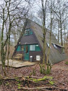 uma pequena casa com uma porta verde na floresta em Woodpecker - bungalow 29 em Durbuy