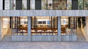 a rendering of a building with tables and chairs at INNSiDE by Meliá Zaragoza in Zaragoza