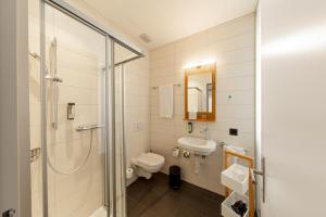 a bathroom with a toilet, sink, and shower at Hotel Frauenfeld in Frauenfeld