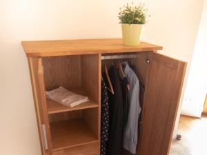 a wooden wardrobe with a plant on top of it at Appartement Ludwigskanal in Schwarzenbruck