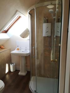 a bathroom with a shower and a sink at Cranford Guest House in Braemar