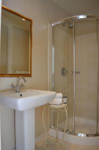 uma casa de banho com um lavatório e um chuveiro em The Listowel Arms Hotel em Listowel