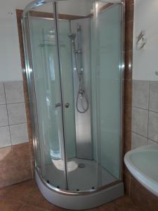 y baño con ducha y puerta de cristal. en Avar Vendégház en Matrafured