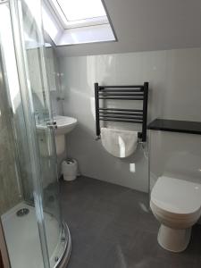 a bathroom with a toilet, sink, and shower stall at Lindisfarne Bed & Breakfast in Stromness