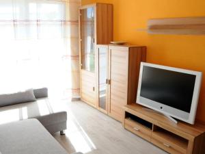 Una sala de estar con un televisor de pantalla plana sobre un soporte. en Caseti 5_ Ferienwohnungen _ Rothen, en Oberdachstetten