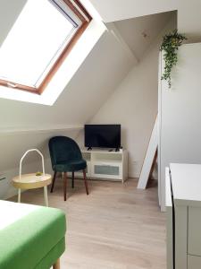 a attic room with a television and a chair at Le Fleury - Studio calme proche de Rouen in Déville-lès-Rouen
