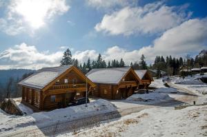 Cabaña de madera con nieve en el suelo en Luxus-Ferienhaus Blockhaus Chalet Nr 3 Toplage am Feldberg mit Sauna, Outdoor-Hottub, Kamin auf 1300m üM, en Feldberg