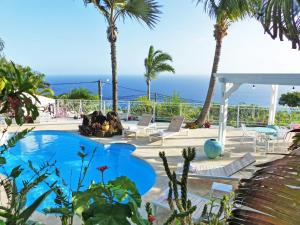 a view of a pool with palm trees and the ocean at LA BOHEME, résidence de 5 appartements avec piscine, vue océan, Petite Ile in Petite Île