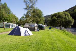 un grupo de tiendas de campaña en la hierba junto a un río en Camping Wies-Neu, en Dillingen