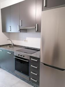 ポンテベドラにあるAPARTAMENTO BOLBORETAのキッチン(コンロ、ステンレス製の冷蔵庫付)