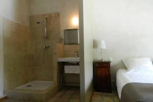 ein Bad mit einer Dusche und einem Waschbecken neben einem Bett in der Unterkunft Ancienne Abbaye de Franquevaux Anciennes Ecuries in Franquevaux