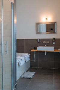 a bathroom with a sink and a shower at Hotel ML in Haarlem +37 photos