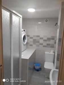łazienka z toaletą i pralką w obiekcie Apartemento Pablo w Santiago de Compostela