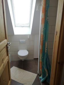 a small bathroom with a toilet and a window at 1Austragshaus Andermichlhof in Geltendorf