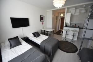 a bedroom with two beds and a couch and a kitchen at Rental Apartment Kaski Vuokramajoitus Oy in Turku