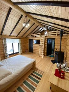 Un dormitorio con una cama y una escalera en una habitación en Pensiunea Lupul Dacic, en Costeşti