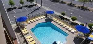 an overhead view of a swimming pool with chairs and umbrellas at Sea Hawk Motel in Ocean City