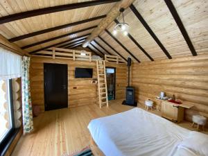 1 dormitorio con 1 cama y pared de madera en Pensiunea Lupul Dacic, en Costeşti