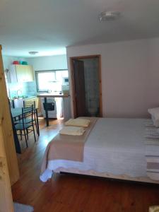 a bedroom with a large bed and a kitchen at cabañas sector peñuelas in Coquimbo