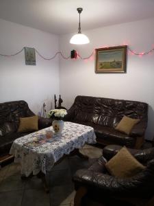 Mazurski Staw في غوداب: غرفة معيشة مع كنب وطاولة مع ورد