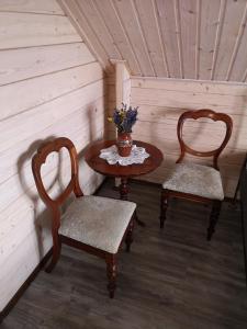 ein Zimmer mit 2 Stühlen und einem Tisch in einer Hütte in der Unterkunft Mazurski Staw in Goldap