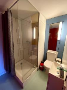 a bathroom with a glass shower and a toilet at Homestay Le Corbusier 5 ieme Rue in Firminy