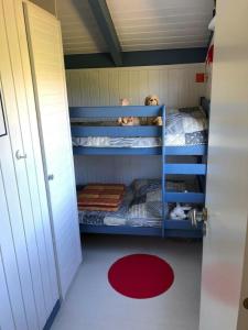 a bunk bed room with two bunk beds and a door at Ferienhaus Solvej Schönhagen in Brodersby OT Schönhagen