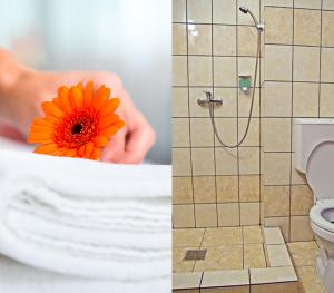 a person holding a flower in a bathroom with a toilet at Cazare Karmina in Baia Mare