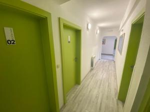 an empty hallway with green walls and wooden floors at Pansion Fočin Han in Sarajevo