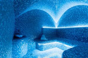 ウラジオストクにあるSedanka Park Hotelの青いバスルーム(ハート型の天井のバスタブ付)