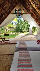 une tente avec 2 lits et un lustre dans l'établissement El Búho Bacalar Eco-Cabañas Hostal, à Bacalar