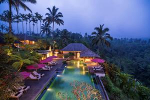 a resort with a pool and chairs and palm trees at Awan Biru Villas in Payangan
