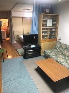 sala de estar con sofá y TV de pantalla plana en Otaru stay, en Otaru