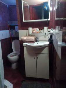 een badkamer met een wastafel en een toilet bij Popi Apartment for rent Peraia Thessaloniki in Perea