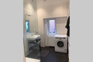 Premium Apartment in Altstadtnähe في غراتس: حمام مع غسالة ومغسلة