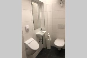 biała łazienka z toaletą i umywalką w obiekcie Premium Apartment in Altstadtnähe w Grazu