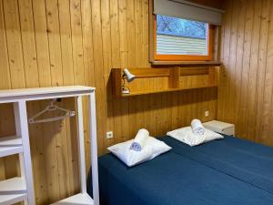 1 Schlafzimmer mit 2 Kissen auf einem blauen Bett in der Unterkunft Piejūras Kempings in Ventspils