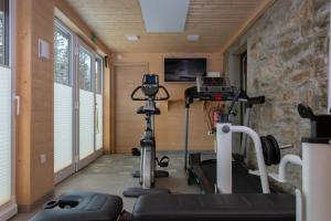 Habitación con gimnasio con cinta de correr y TV. en Apartments Storzek, en Hočko Pohorje