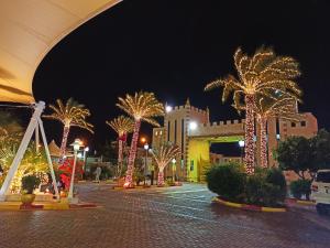 a group of palm trees decorated with lights at night at Tio Sea Resort in Al Khor