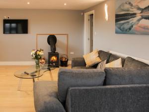 a living room with a couch and a fire place at Alders View Coach House in Craven Arms
